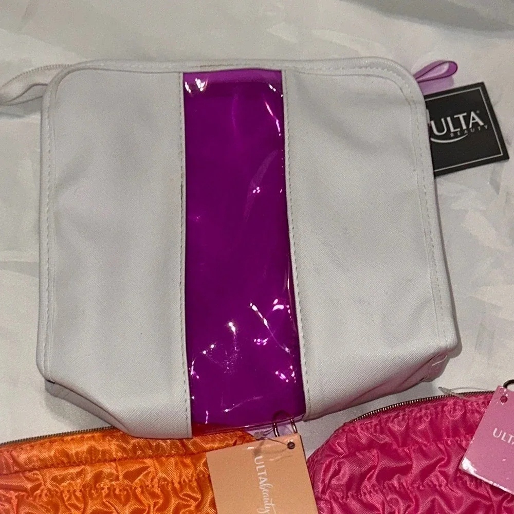 Ulta Beauty 3 Piece Makeup Bag Set White Orange Pink Ruched Cosmetic Pouches New